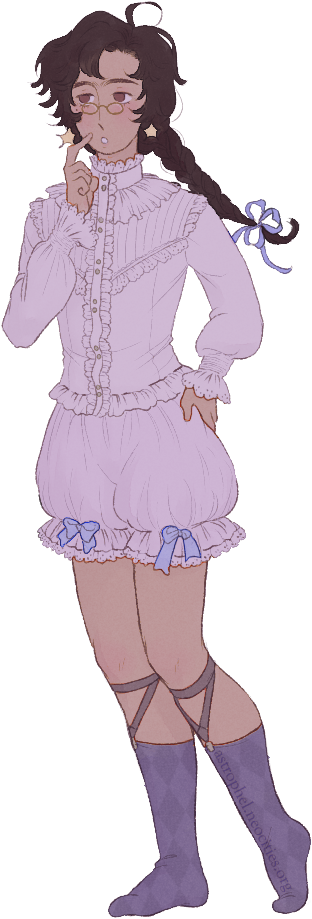 Anime-ish illustration of Astrophel, who is wearing a blouse and bloomers, thinking about what to wear.