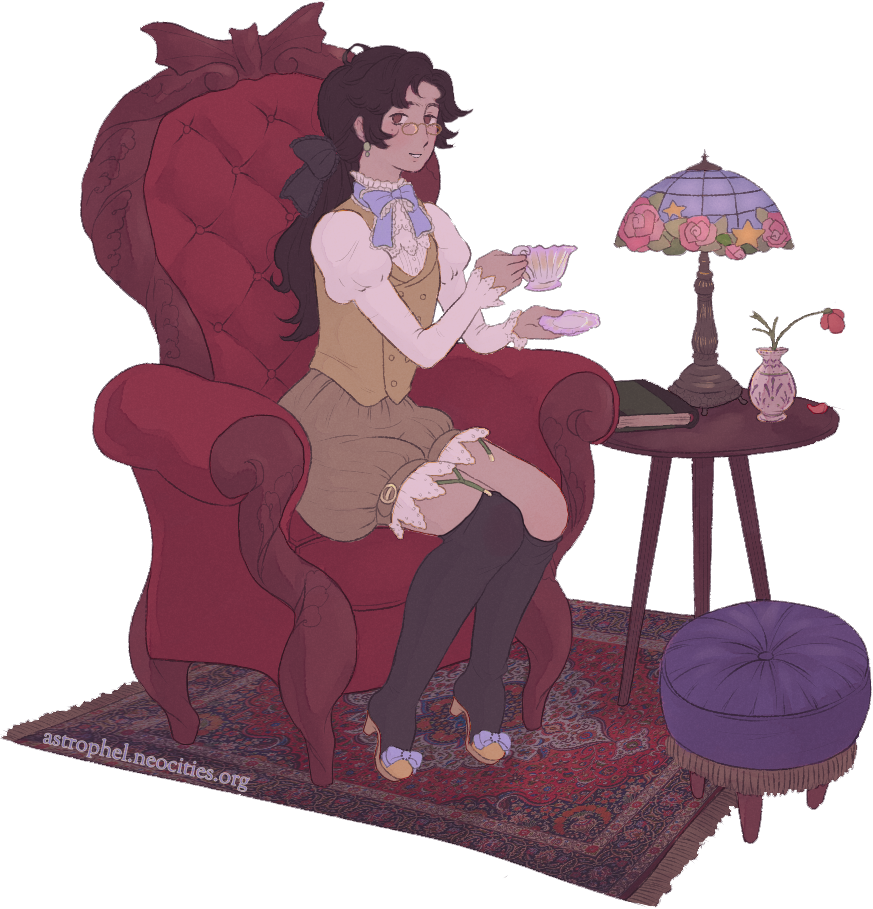 Anime-ish illustration of Astrophel, who is wearing Ouji-style clothing, sitting on an antique-style armchair with a tea cup in hand.