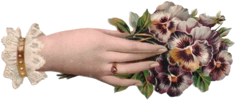 Victorian die cut of a hand holding pansies.